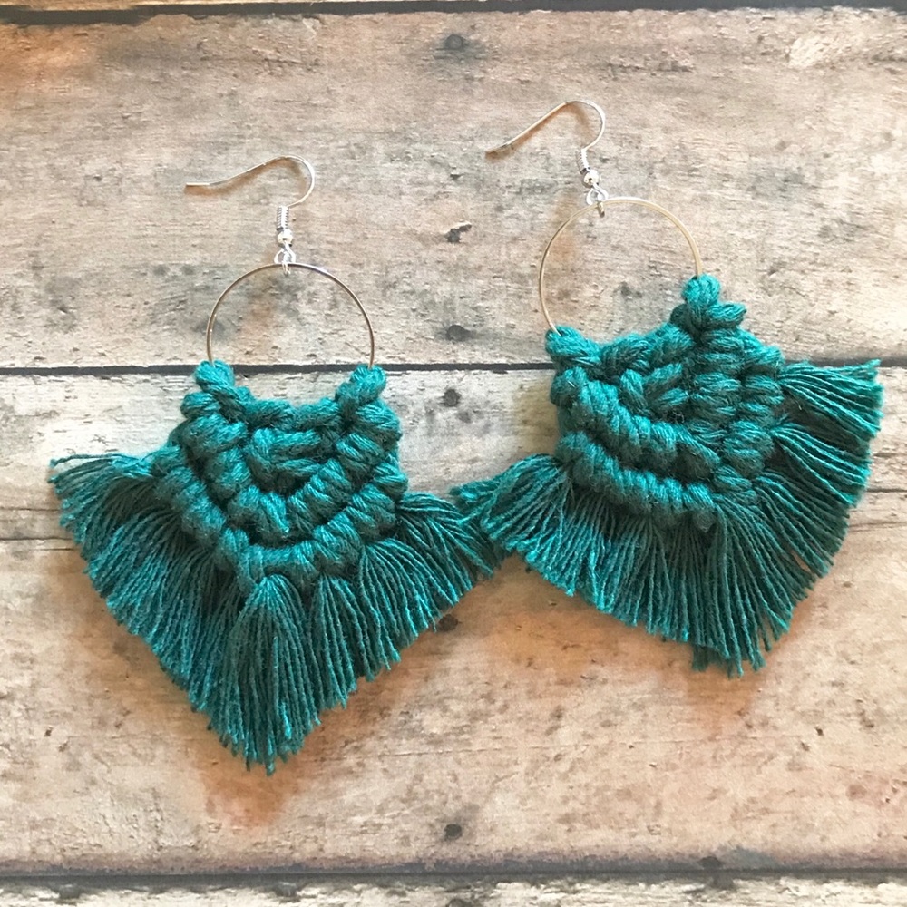 Macrame boho fringe tassel earrings forest green